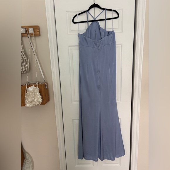 🦋 LULUs Lustrous Love Dusty Blue Satin Halter Cutout Mermaid Maxi Dress. Size XL - Picture 6 of 8